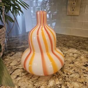 Vintage Orange Striped Handblown Murano Style Italian Art Glass Gourd Vase